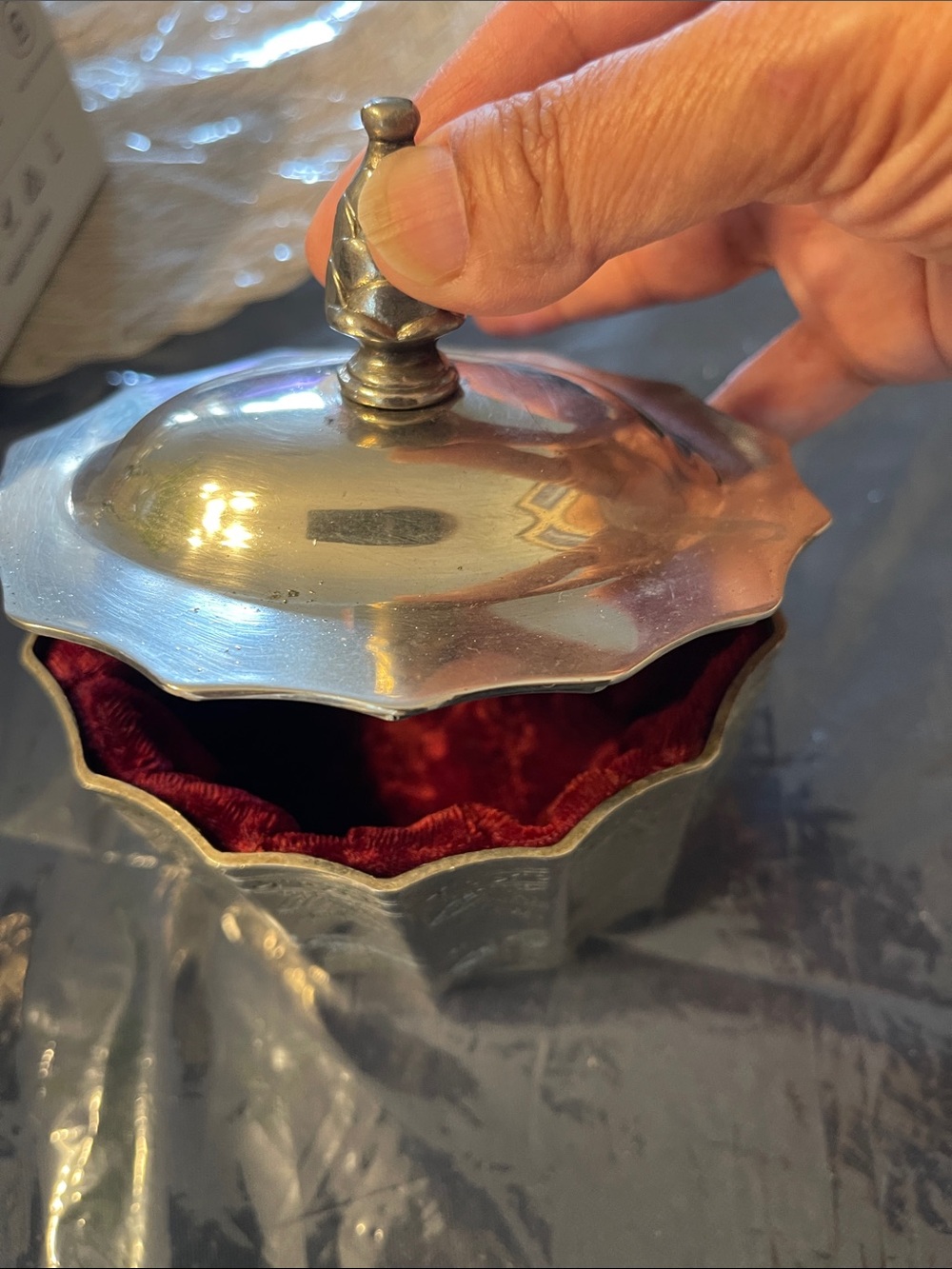 Scalloped Silver-Tone Trinket Dish with Rich Red Velvet Interior